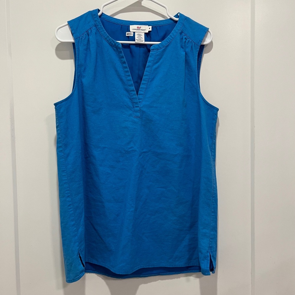 Vineyard Vines Blue Linen Blend Sleeveless Split V-Neck Shell Top Womens Medium